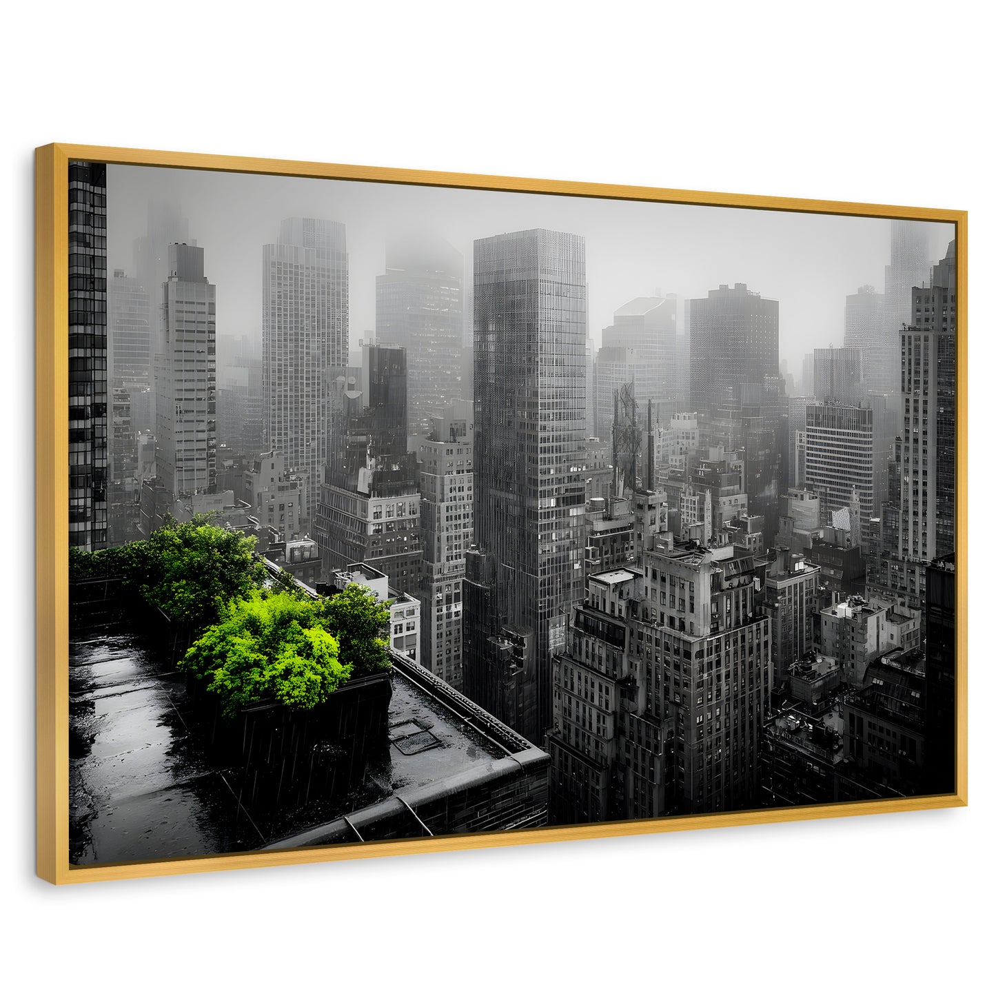 Cuadros Decorativos Canvas Revolution | Cuadro Decorativo Ciudad Niebla Gris | Rectangular | Marco Dorado
