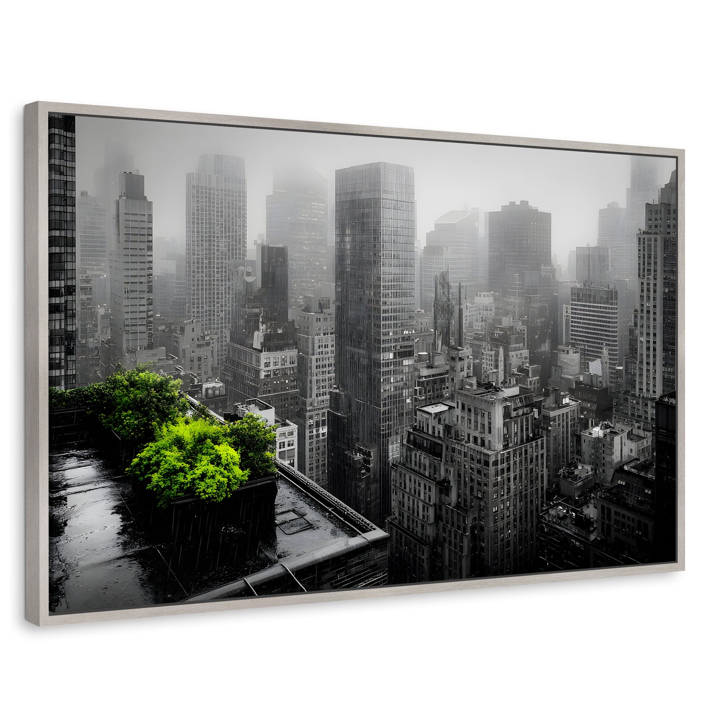 Cuadros Decorativos Canvas Revolution | Cuadro Decorativo Ciudad Niebla Gris | Rectangular | Marco Plateado